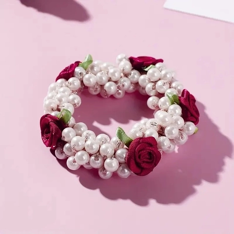 French Vintage Scrunchie Faux Artificial Pearl Fabric Rose Romantic Floral Hair Tie Elegant Ponytail Holder For Women