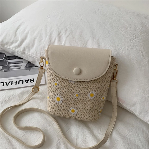 Gänseblümchen Stroh Schultertasche Damen Eimer Umhängetasche Mit PU Leder Klappe Sommer Blumen Strandtasche