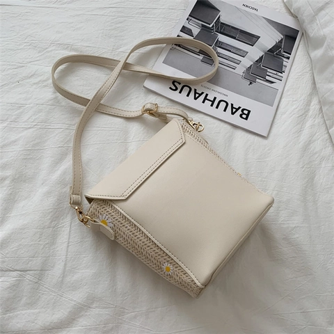 Gänseblümchen Stroh Schultertasche Damen Eimer Umhängetasche Mit PU Leder Klappe Sommer Blumen Strandtasche