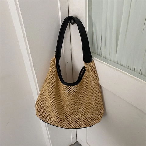 Gewebte Stroh Schultertasche Hohlmasche Hobo Tote Mit PU Lederriemen Große Kapazität Sommer Strand Urlaub Lässiger Stil