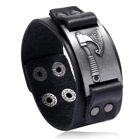 Pulsera Ancha De Cuero Para Hombre Con Hacha De Guerra Vikinga Placa De Aleación Punk Retro