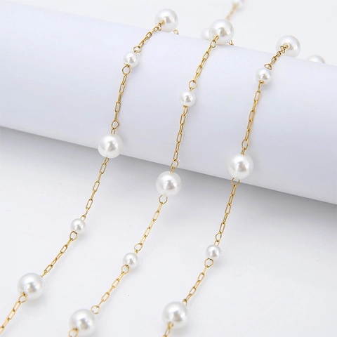 Gold Plated Stainless Steel DIY Jewelry Making Chain With Large And Small Imitation Artificial Pearls For Necklace Bracelet Design