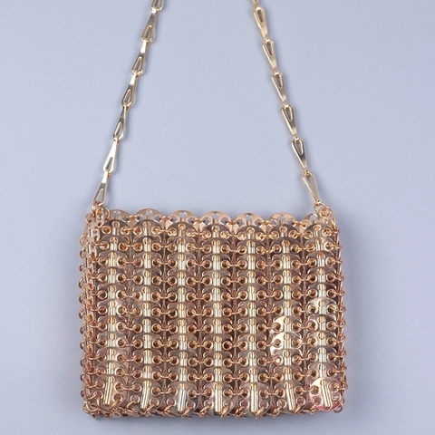 Women Trendy Metal Plate Crossbody Bag Alloy Chain Hand Woven Sequin Shoulder Bag Evening Clutch Party Purse