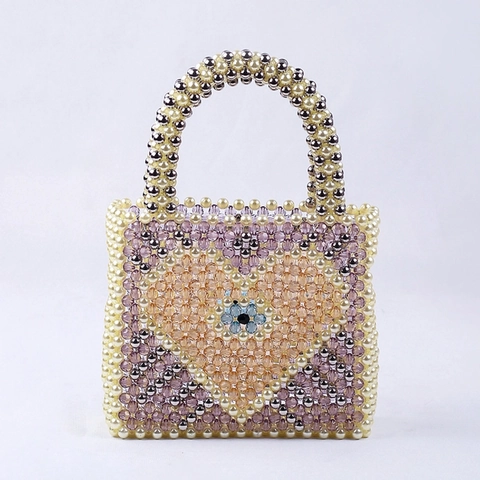 Handgefertigte Gewebte Künstliche Perlenhandtasche Acryl Künstliche Perlenimitat Herz Evil Eye Muster Retro Vintage Stil Party Handtasche Damen