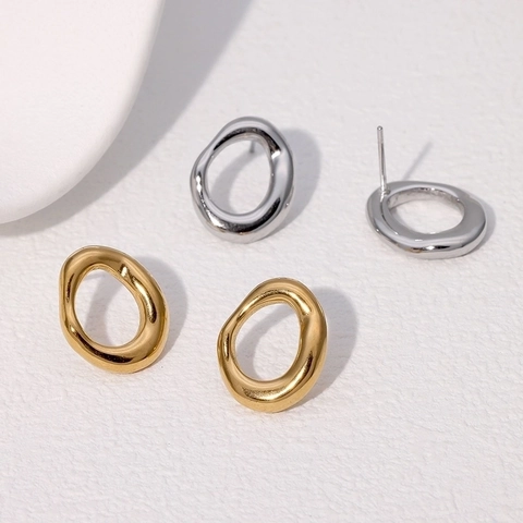 Pendientes de Botón Minimalistas de Acero Inoxidable Geométricos Calados Ovalados Irregulares para Mujer Joyería de Moda