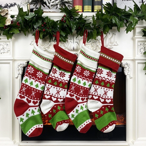 Calza Di Natale In Maglia Motivo Fiocco Di Neve Albero Cuore Grande Sacchetto Regalo Decorazione Camino Ornamento Da Appendere
