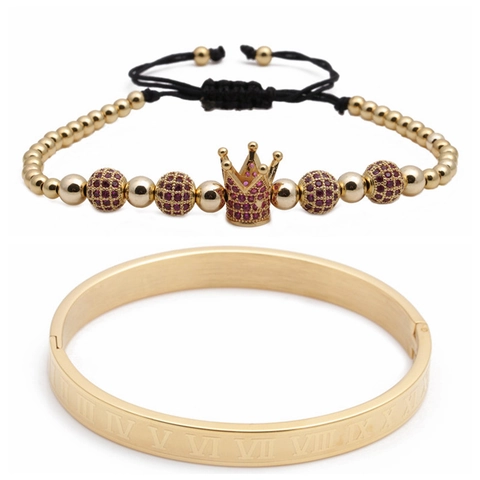 Bracciale Rigido In Acciaio Inossidabile Numeri Romani E Bracciale Di Perle Corona Zircone Gioielli Regolabili