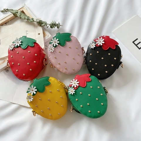 Strawberry Shaped Crossbody Bag PU Leather Rivet Seeds Flower Decor Cute Princess Shoulder Coin Purse Kids Girls