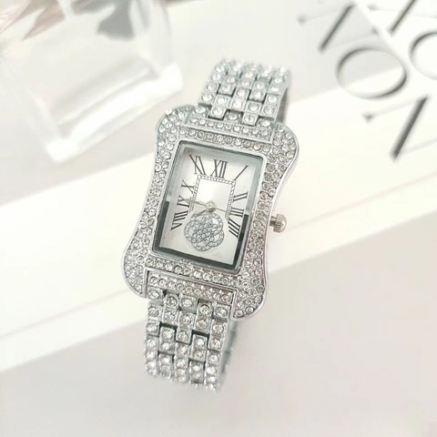 Lussuoso Orologio al Quarzo da Donna in Lega di Strass Quadrante Quadrato con Numeri Romani e Motivo Floreale Orologio alla Moda