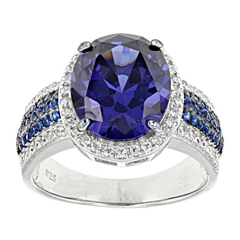 Luxury Oval Blue Zircon Ring With Halo White Rhinestones Crafted In For Women Wedding Engagement