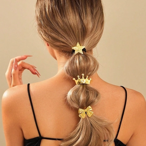 Elastici Per Capelli Con Ornamenti In Metallo Corona Stella Fiocco Tono Oro Supporto Per Coda Di Cavallo Minimalista Per Donne Ragazze
