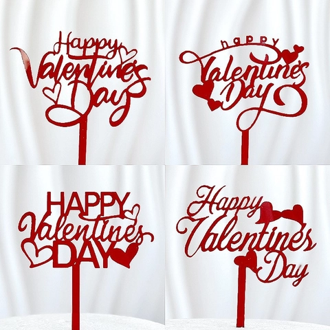 Décoration De Gâteau En Acrylique Happy Valentine's Day Cœurs Décoratifs Miroir Or Rouge Pour Fête Anniversaire