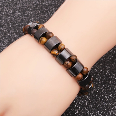 Pulsera De Cuentas Para Hombre Piedra Ojo De Tigre Hematita Mate Elástica Estilo Retro De Lujo