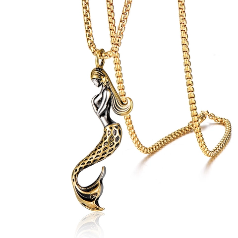 Retro Mermaid Pendant Necklace Titanium Stainless Steel Two Tone Gold Box Chain Fashion Jewelry For Men Women