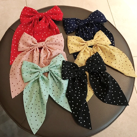Pinza Para El Pelo Con Lazo Grande De Tela Con Lunares Clip De Pico De Pato Con Cinta Larga Estilo Japonés Dulce