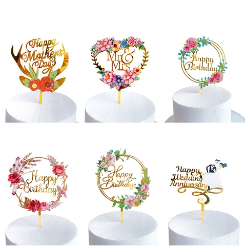 Acrylic Cake Topper Gold Mirror Color Printed Floral Heart Round Shapes Happy Birthday Wedding Anniversary Party Decoration