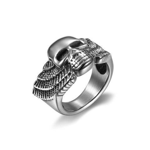 Skull Head Ring With Wings Stainless Steel Gothic Punk Rock Biker Jewelry For Men