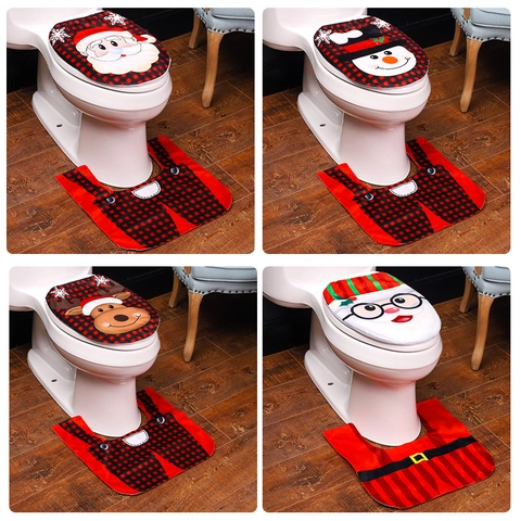 Funda para Asiento de Inodoro y Alfombrilla de Tela No Tejida con Patrón de Papá Noel Muñeco de Nieve Reno para Decoración de Baño