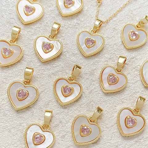 Pendente A Cuore Rame Placcato Oro 18K Zircone Rosa Madreperla Bianca DIY Creazione Di Gioielli Romantico Elegante Donne