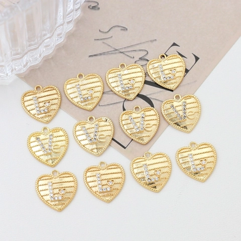 Dijes De Corazón Colgantes De Cobre Chapado En Oro De 18K Con Circonita Incrustada Diseño Letra Love Para Joyería DIY