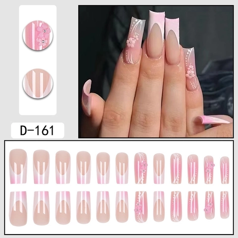 French Pink Gradient Press On Nails Lange Sargform Falsche Nägel Mit 3D Harzblüten Und Strass Künstliche Perlendekor Für Frauen