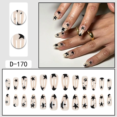Uñas Postizas Forma De Almendra Estrella Negra Diamante De Imitación Nude Uñas Artificiales Brillante Estilo Salón Para Mujeres