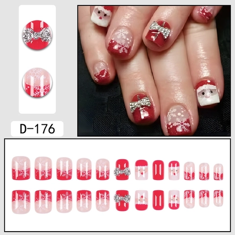 Weihnachten Press On Nails Weihnachtsmann Schneeflocke 3D Strassbogen Kurz Quadratisch Künstliche Fingernägel Für Damen