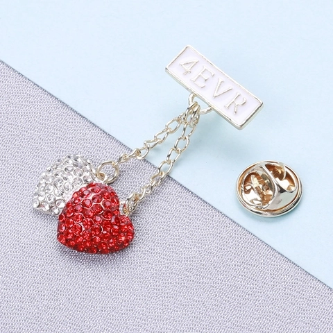 Broche Pendentif Double Cœur Alliage Strass 4EVR Lettre Épingle De Revers Bijou Mignon Cadeau Pour Femmes
