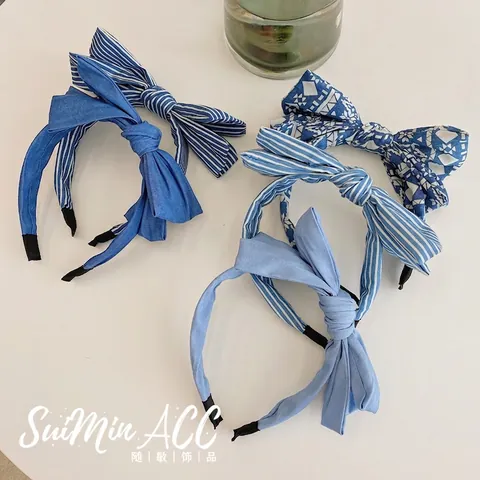 Women Bow Headband Wide Denim Fabric Striped Floral Pattern Sweet Korean Style Hair Hoop Styling Accessories Elegant