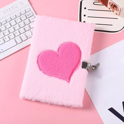 Plush Notebook Pink Heart Embroidery With Lock Key Fuzzy Pen Cute Stationery Journal Diary For Kids Girls School