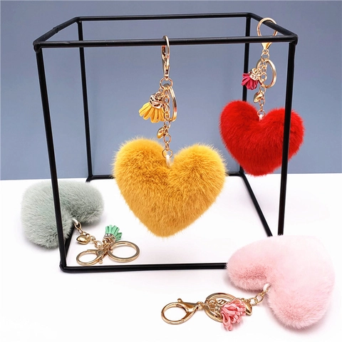 Portachiavi Peluche Cuore Pelliccia Sintetica Nappa Ciondolo Borsa Carino Amore Cuore Anello Lega Oro Chiusura