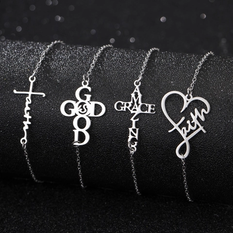 Stainless Steel Cross Heart Bracelet Faith Amazing Grace God Is Good Letter Pendant Polished Chain Unisex Jewelry