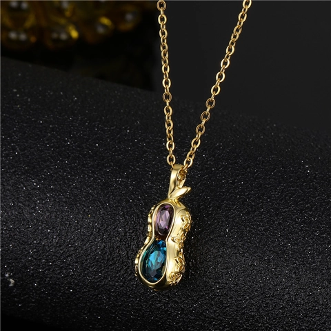 Collier Style Coréen En Acier Titane Avec Pendentif Cacahuète En Laiton Plaqué Or Cristal Violet Bleu Élégant