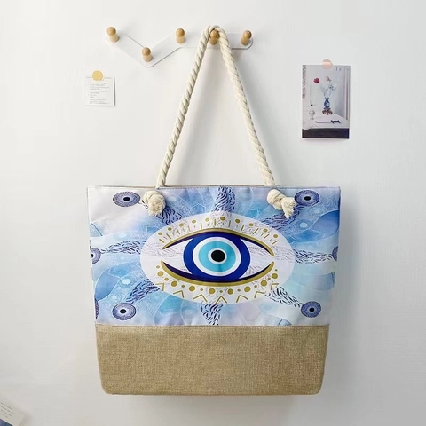 Evil Eye Canvas Jute Tote Bag Large Capacity Beach Shoulder Bag With Rope Handle Zipper Closure Greece Vacation Style Women