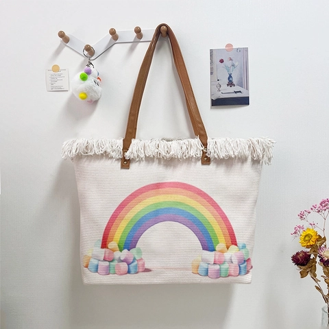 Rainbow Pattern Canvas Tote Bag With Fringe Tassel Large Capacity Casual Shoulder Bag Nordic Style For Women Girls