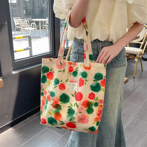 Borsa Tote In Tela Con Stampa Floreale Grande Capacità Minimalista Cotone Borsa A Mano Shopping Spalla Per Donne Quotidiana