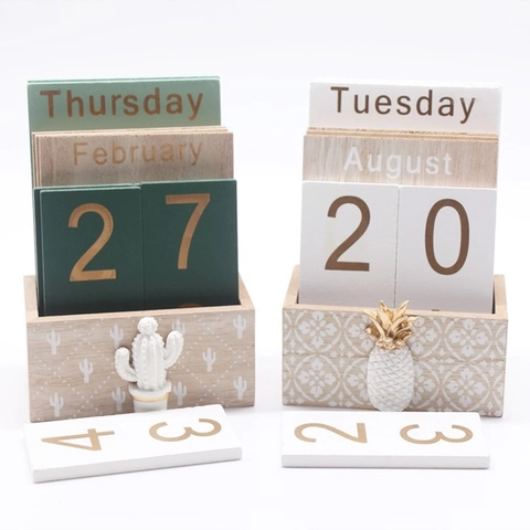 Wood Perpetual Desk Calendar Flip Blocks Date Month Week Display Home Office Desktop Decor Cactus Pineapple Ornament