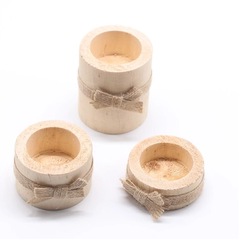 Cylindrical Wood Candle Holder And Planter With Jute Bow Rustic Natural Pine Desktop Decorative Ornament