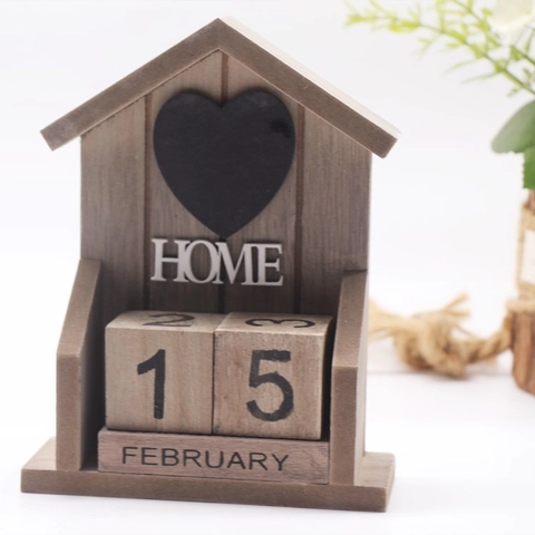 Calendario Perpetuo De Madera Forma Casa Decoración Escritorio Retro Bloques Manuales Fecha Mes Home Ornamento Oficina Aula