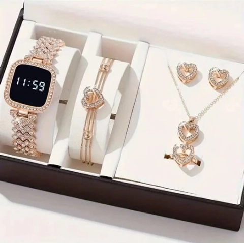 Women Luxury Rhinestone Heart Shaped LED Digital Watch Necklace Earrings Bracelet Ring Alloy Jewelry