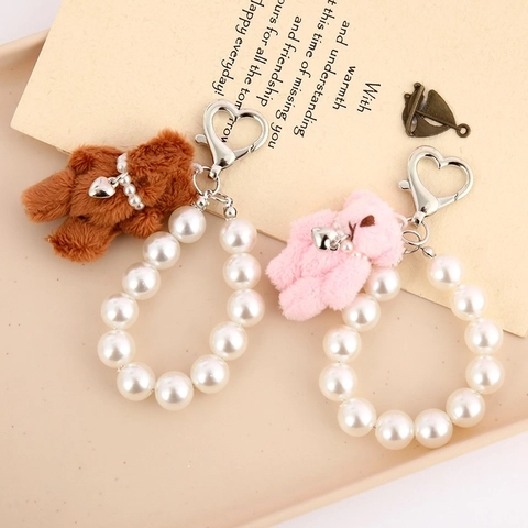 Cute Plush Bear Keychain With Artificial Pearl Bead Strap Heart Alloy Pendant For Bag Decoration Fashion Women Jewelry Gift