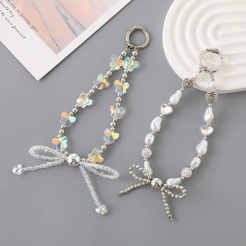 Mode Acryl Perlen Schleife Schlüsselanhänger Künstliche Perle Tasche Anhänger Irisierend Schmetterling Herz Charm Strap Für Damen