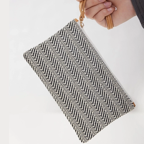 Woven Straw Like Wristlet Clutch Wallet With Card Slots Striped Pattern Zipper Coin Purse For Women Casual Beach Style