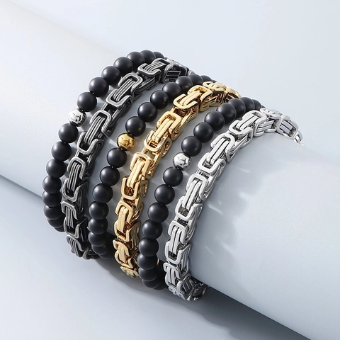 Bracciale Uomo Catena Bizantina Perline Nero Opaco Acciaio Inossidabile Punk Vintage Hip Hop Accessorio Moda