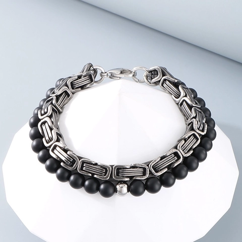 Men Byzantine Chain Armband Edelstahl Matte Schwarze Perlen Doppelpack Retro Hip Hop Schmuck