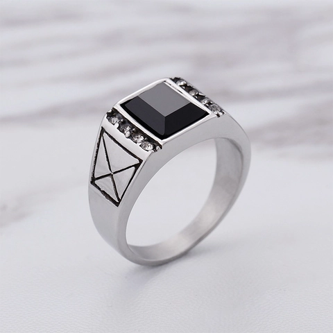 Anillo De Sello Para Hombre Acero Inoxidable Con Piedra Negra Y Circonita Cruz Geométrica Joyería Retro Hip Hop