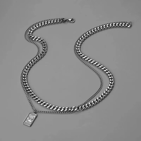 Double Layer Necklace Stainless Steel Cuban Chain Square Portrait Pendant Hip Hop Punk Jewelry Unisex Silver Color