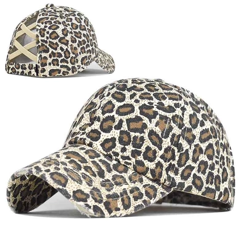 Women Ponytail Baseball Cap Washed Cotton Criss Cross Messy Bun Distressed Sun Hat Solid Leopard