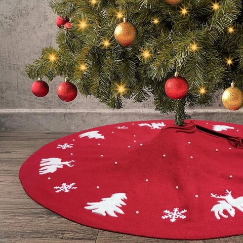 Weihnachtsbaumrock Gestricktes Acryl Mit 3D Rentier Schneeflocken Muster Und Perlen Feiertag Deko Rot