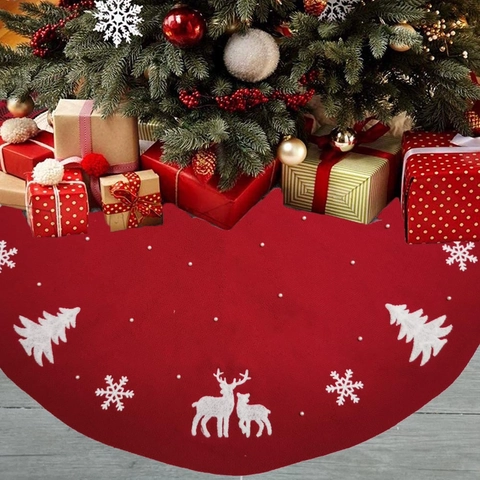 Weihnachtsbaumrock Gestricktes Acryl Mit 3D Rentier Schneeflocken Muster Und Perlen Feiertag Deko Rot